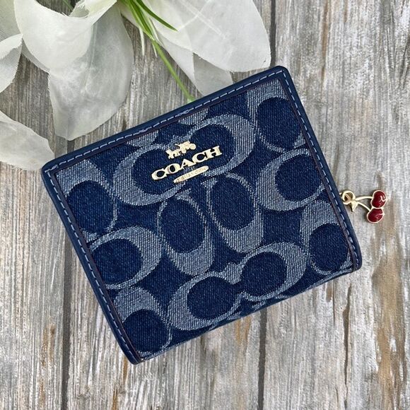 Coach Snap Wallet In Signature Denim With Cherry Charm Bag Purse - Picture 1 of 10